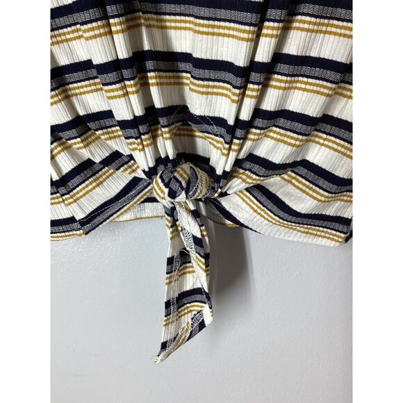 doe And Rae Multicolor Strip Top Black White Tan Ruffed Cuffs Women’s - Picture 9 of 9